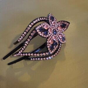 Rhinestone Flower Claw Clip with Pink & Black Crystal Accents